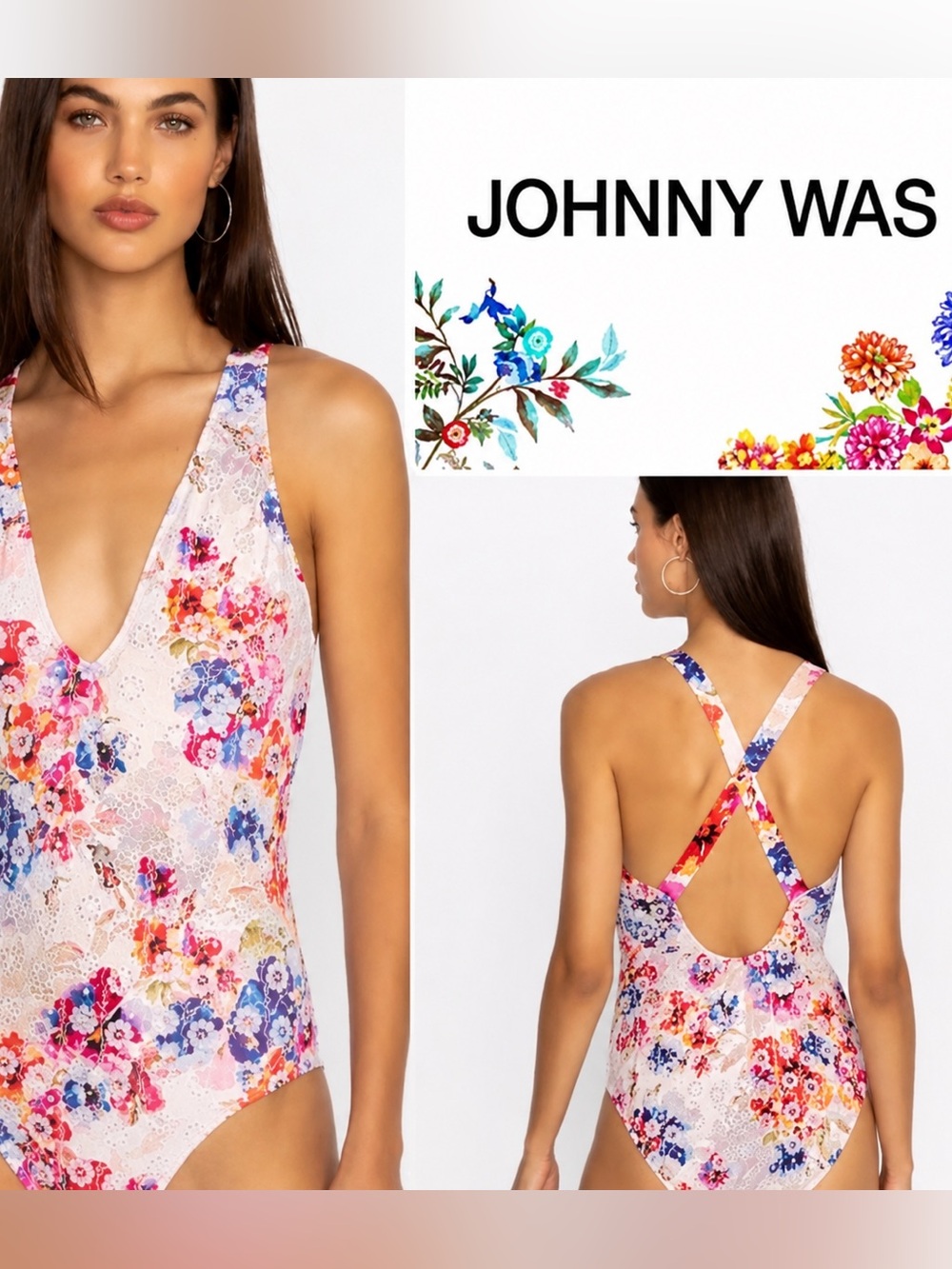 JOHNNY WAS SUMMER DAYS FLORAL EYELET BATHING SUIT